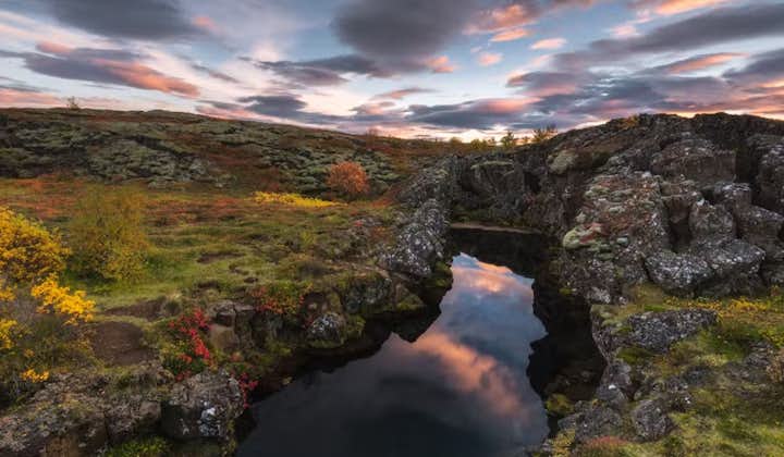 The dramatic landscape of Thingvellir National Park is due to the pulling apart of the Eurasian and America tectonic plates.