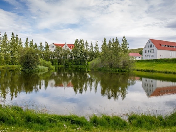 A green space with a small lake and trees and Hotel Laugar Reykjadalur behind.