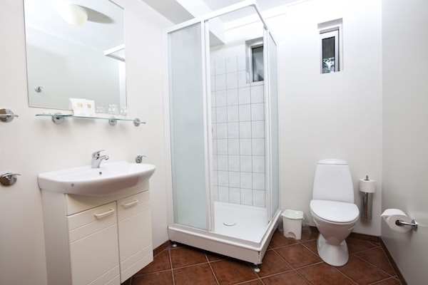 A bathroom with a shower, basin, cupboards, mirror, and toilet at Hotel Laugar Reykjadalur.