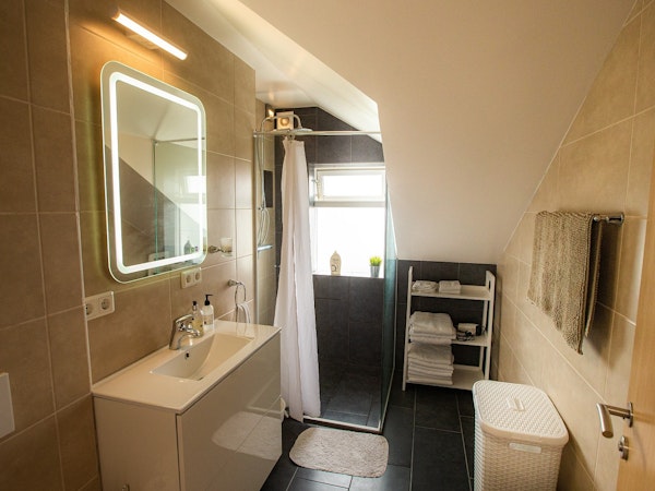 A cozy bathroom with a walk-in shower in the Guesthouse Lyngholt.
