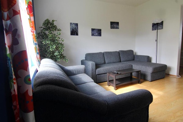 A lounge with comfortable sofas, a table, wall artwork, and a potted tree in the corner at Grundarfjordur HI Hostel.