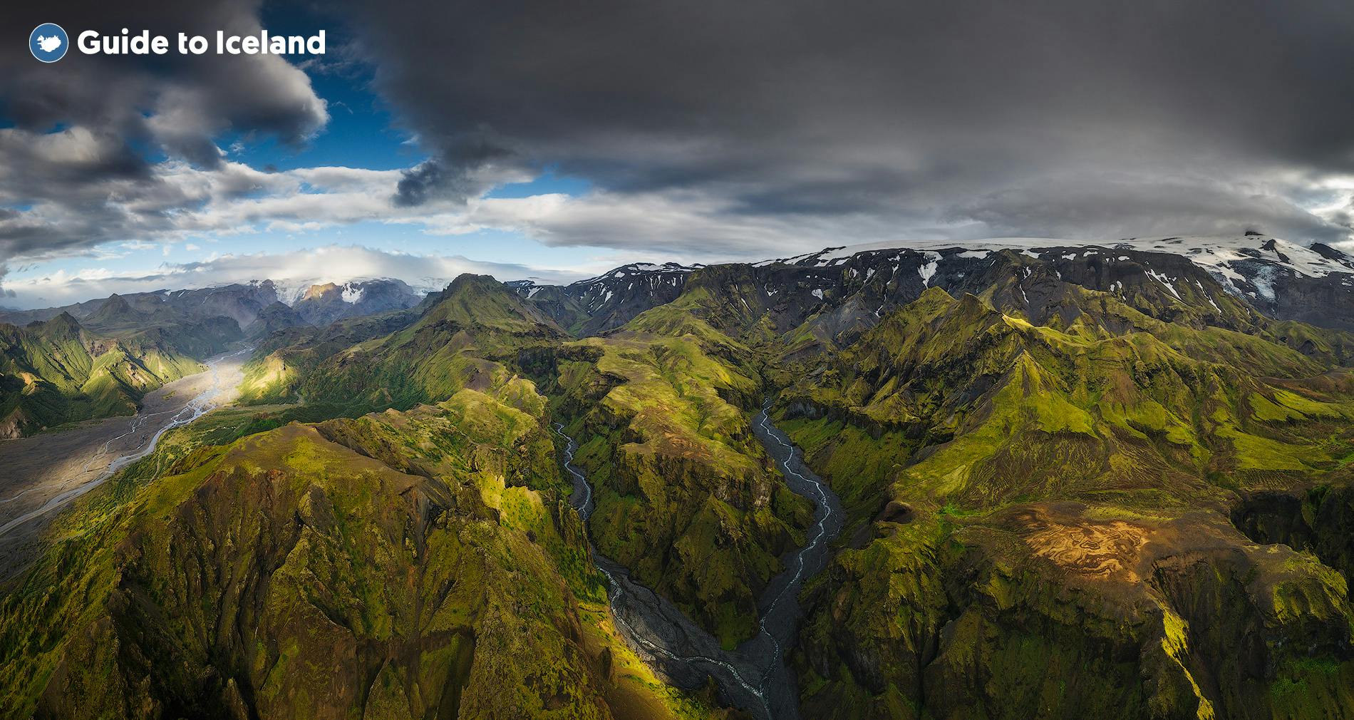 The green mountains of the Thorsmork valley in the Highlands of Iceland.