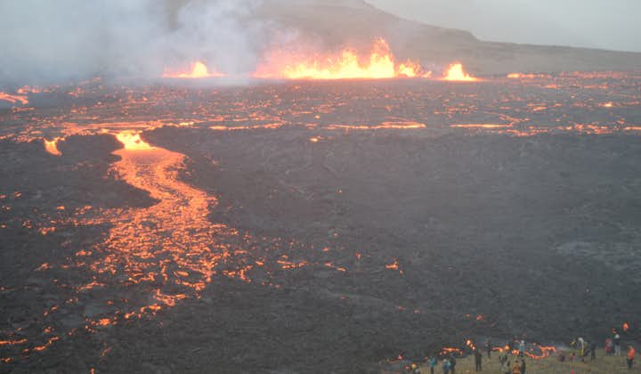 Fiery hot magma makes its way from the Earth's core onto the freshly-made lava fields on the surface.