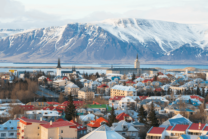 The city of Reykjavik, with Mount Esja in the background. 