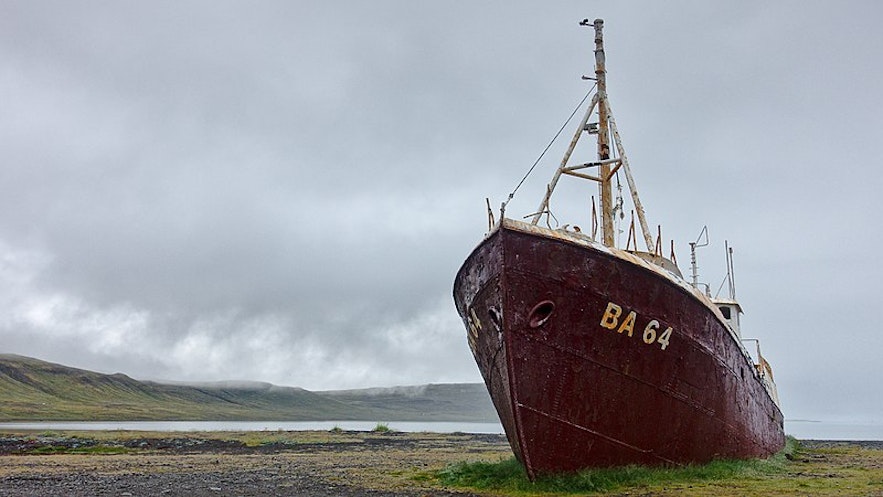 The Gardar BA 64 is Iceland’s oldest steel ship, a whaling and fishing vessel for years, now lying on the shores of Patreksfjordur fjord in the Westfjords.