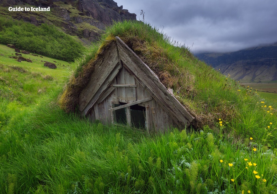 Turf house in South Iceland in summer.