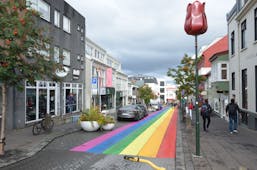 The beautiful rainbow street of Skolavordustigur in Reykjavik.