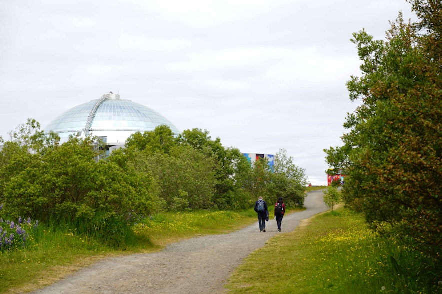 The lush vegetation and glass dome of Perlan Museum on top of Oskjuhlid hill.