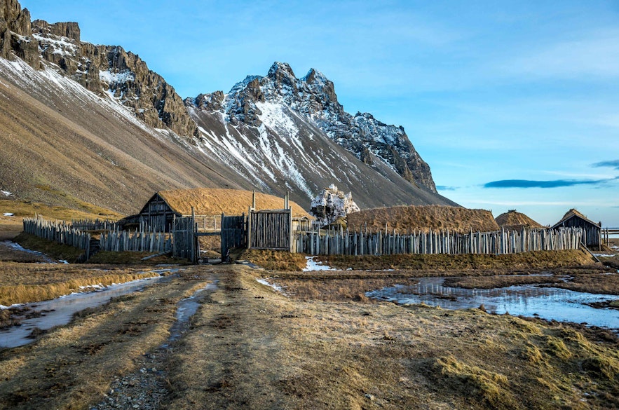 The turf houses in the Viking Village of East Iceland.