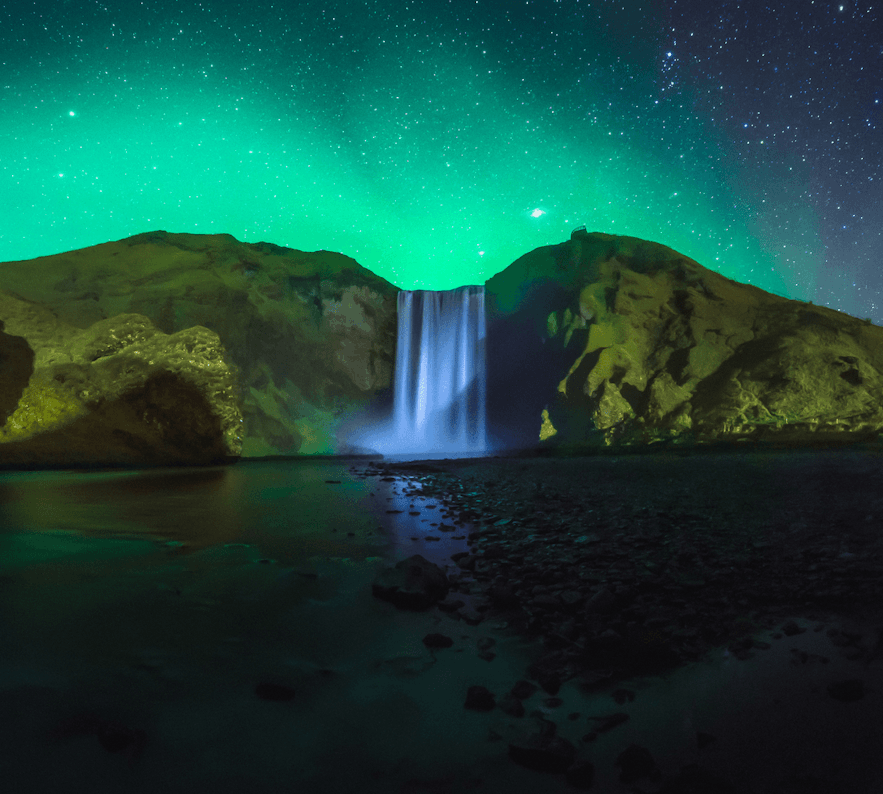 The northern lights above the Skogafoss waterfall.