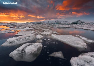 Icebergs of all sizes fill the waters of the Jokulsarlon glacier lagoon.
