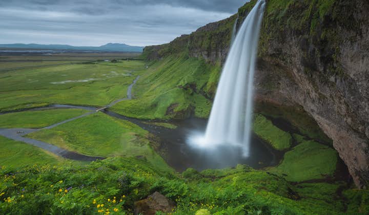 The Seljalandsfoss waterfall, with its cascading water and beautiful landscape