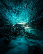 Brilliant shades of turquoise light up in the Sapphire ice cave on the Breidamerkurjokull glacier.