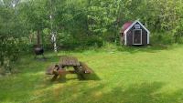 The cabin is surrounded by forest and a large, peaceful garden with a picnic table.