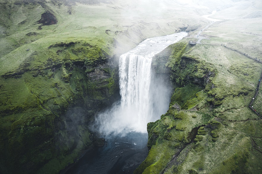 Skogafoss waterfall on the South Coast of Iceland from above