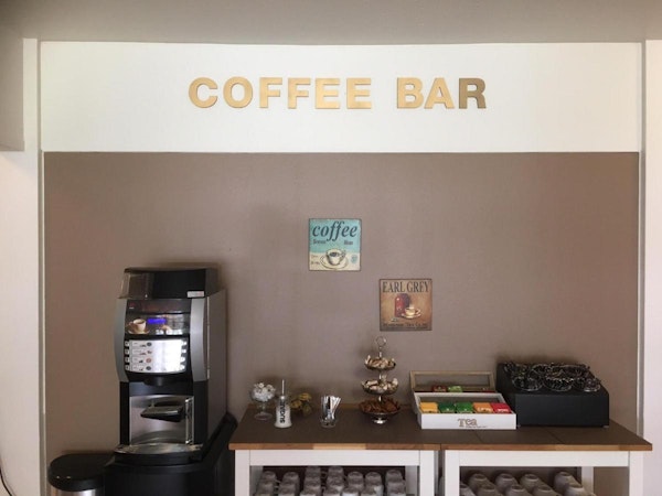 The coffee bar at the Northern Comfort Inn allows its guests to make their coffee anytime.