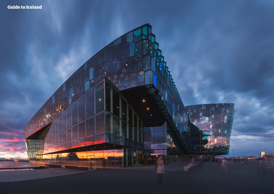 Harpa conference center and concert hall in Reykjavik at sunset.