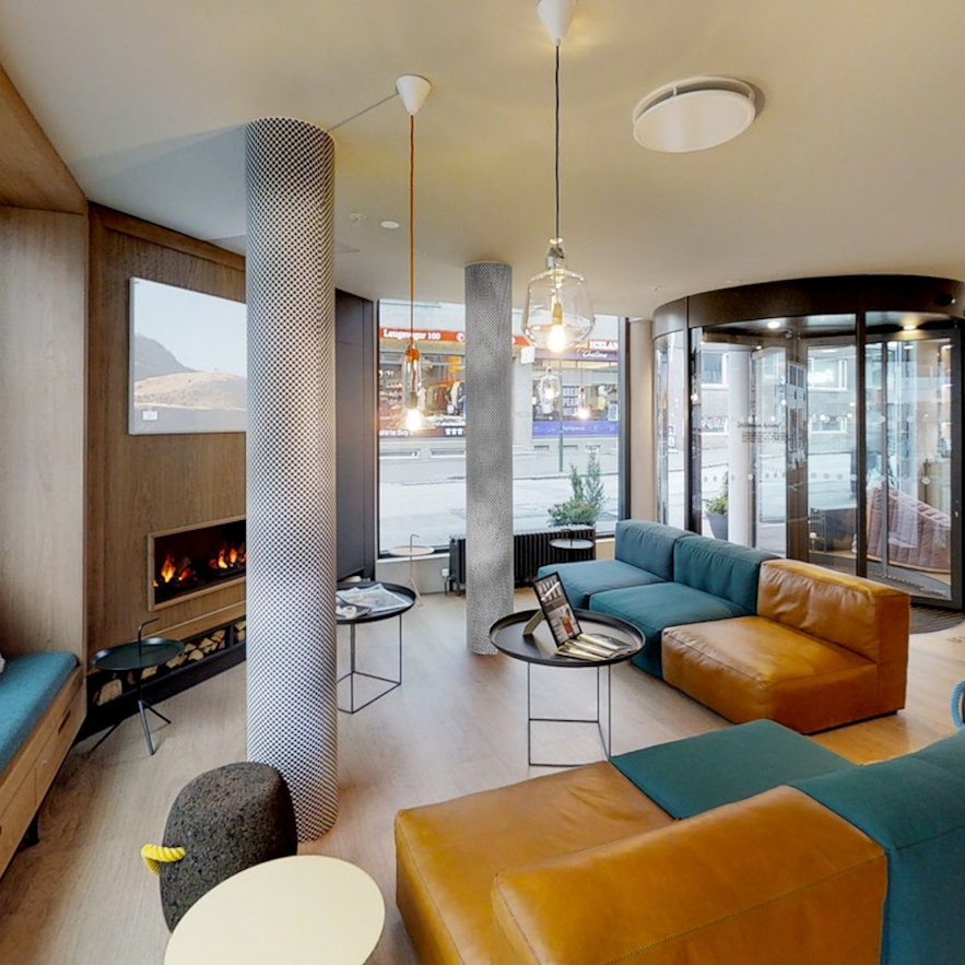 CenterHotels in central Reykjavik has a welcoming lounge area with comfortable sofas near the building's entrance.