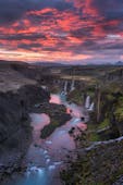 The Hrauneyjafoss are a series of pristine waterfalls cascading into the Sigoldugljufur canyon in the Icelandic Highlands. 