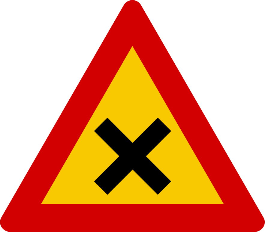 A yellow triangular sign with a red border and black X in the middle, indicating a dangerous intersection.