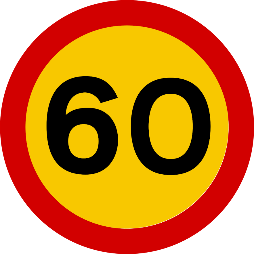 적색 테두리를 지닌 황색의 원형 표지판으로 정중앙에 흑색 숫자 60이 적혀있습니다. 최대 속도 제한이 60km/시 임을 알려주는 표지판입니다.
