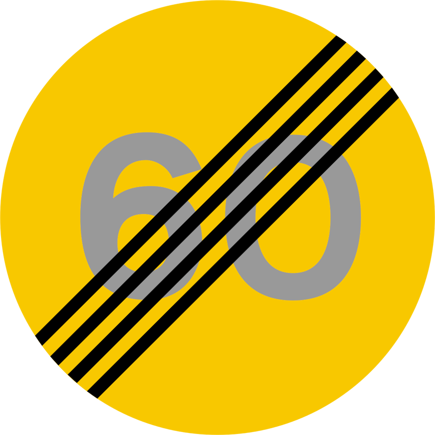 A yellow circular sign with four black horizontal lines in the middle, crossing out the number 60 and indicating the end of that speed zone.