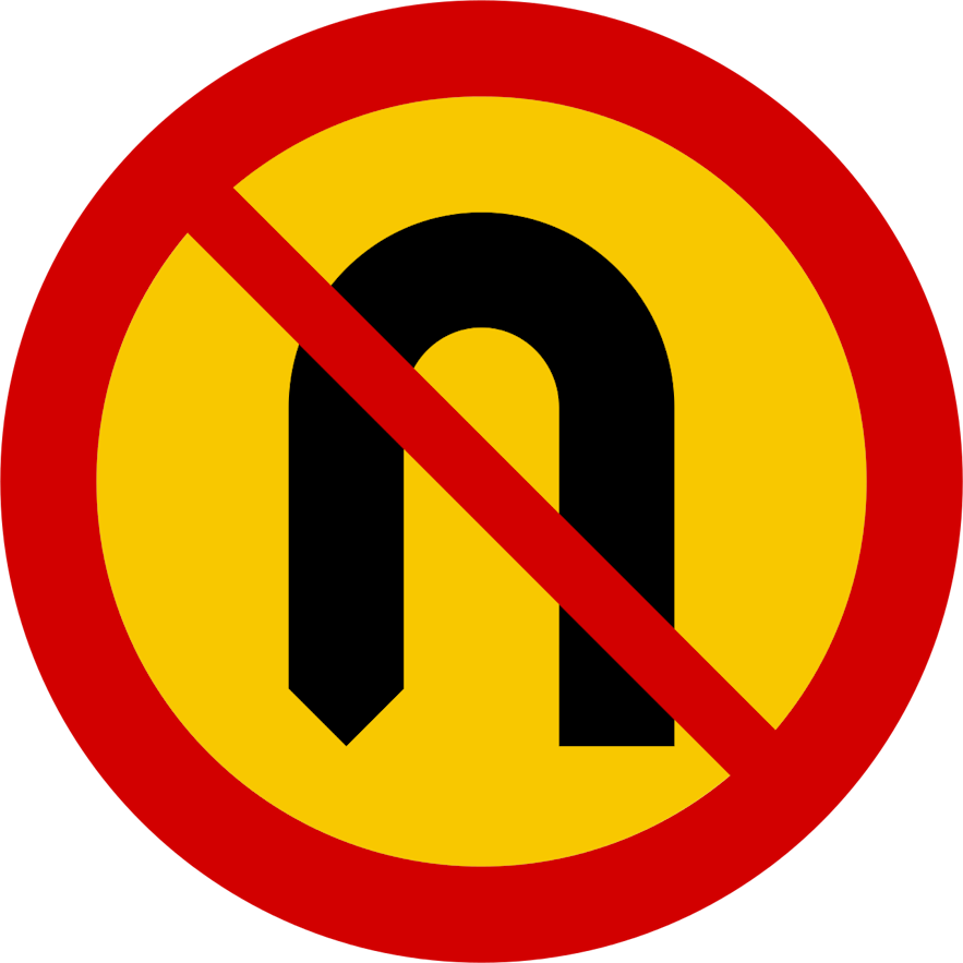 An Icelandic road sign indicating that a U-turn is illegal in that area.