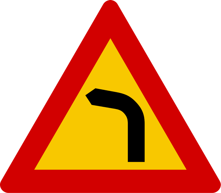 一个黄色三角形的冰岛道路标志，警告驾驶员前方向左急弯减速慢行。