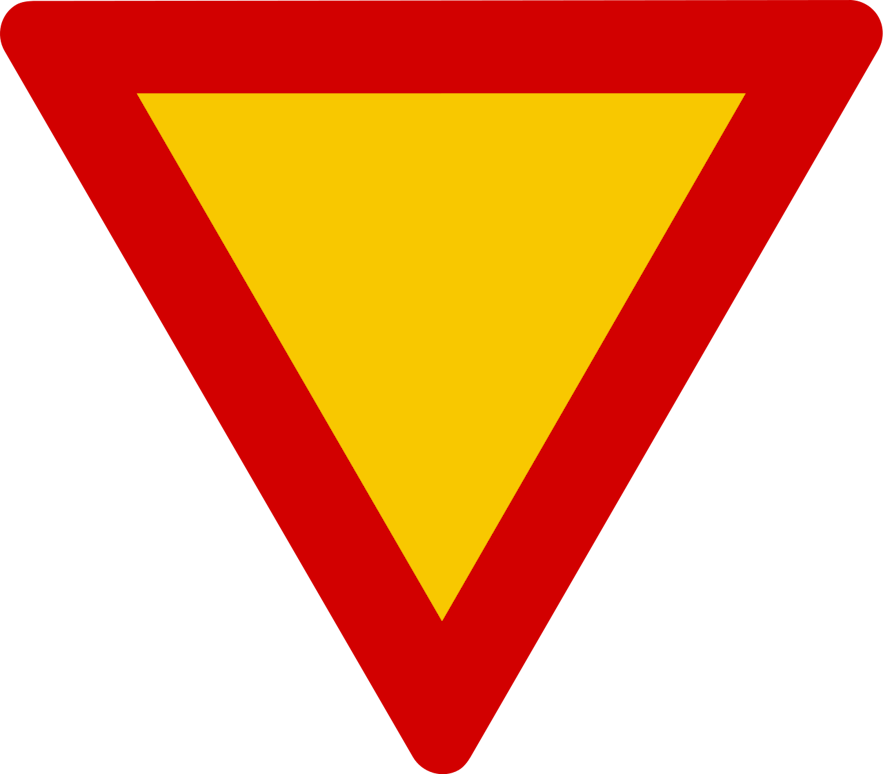 冰岛的让路标志是一个倒三角形，黄底红边。