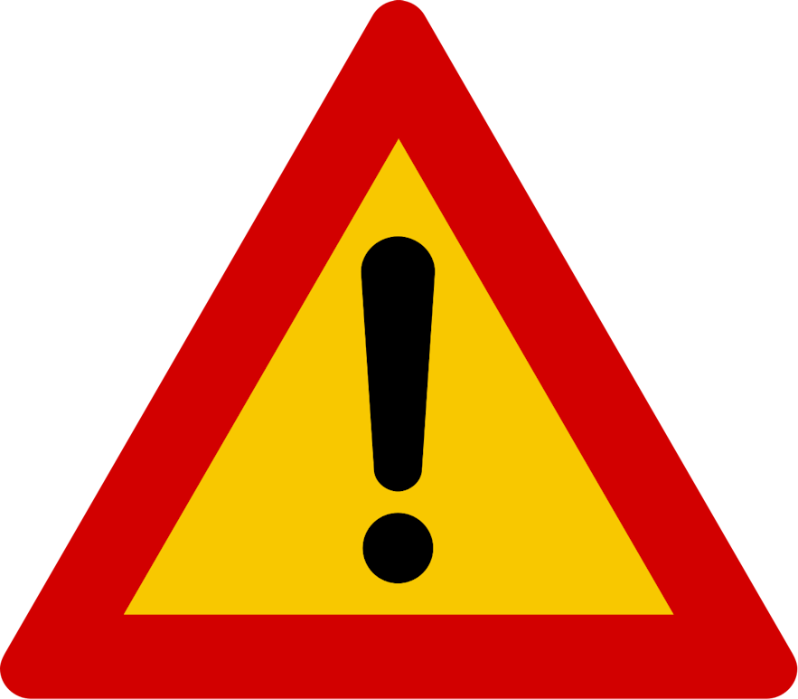 冰岛道路标志，黄色三角形，红边，黑色感叹号，提醒驾驶员注意危险，小心驾驶。