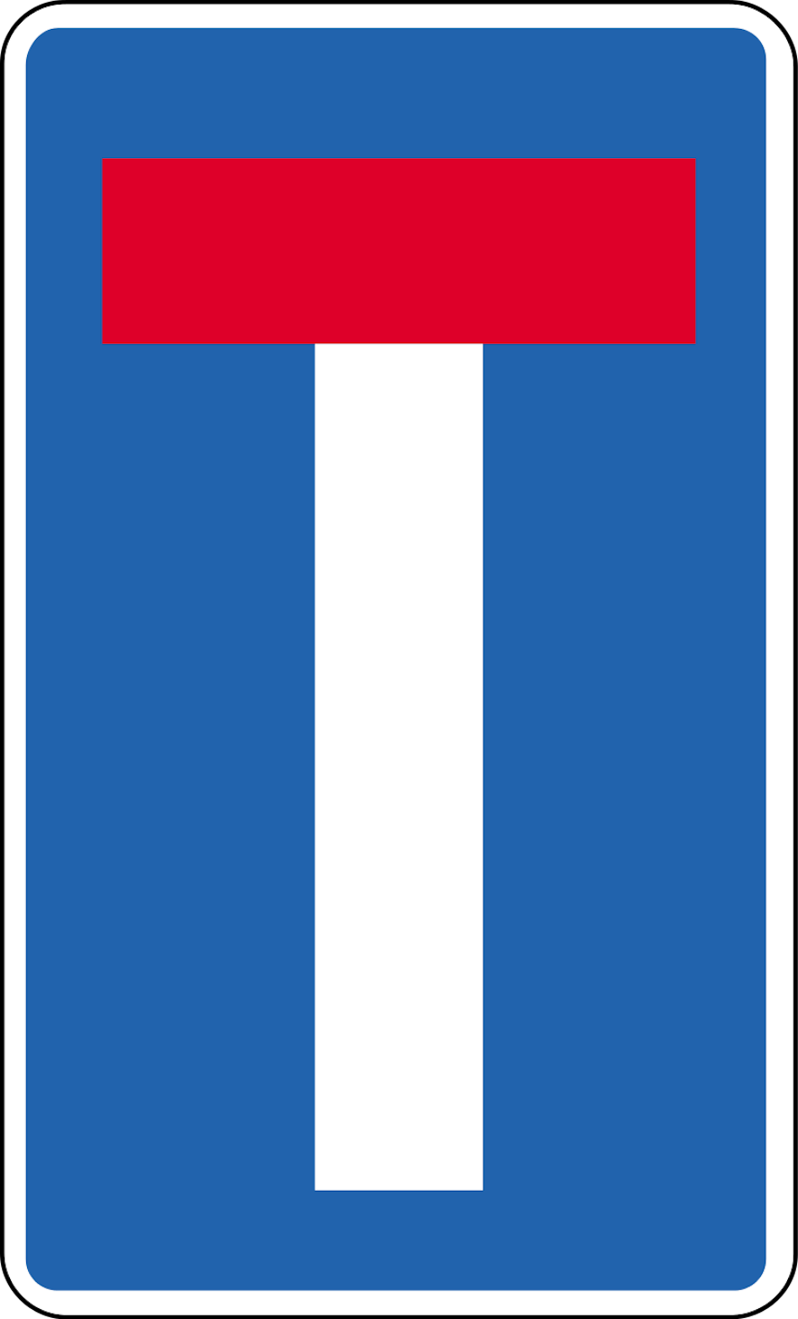 아이슬란드의 청색 직사각형 도로 표지판. 표지판 중앙에 적색과 백색으로 "T"자 모양을 기재해 두었으며, 전방에 막다른 길이 등장함을 뜻합니다.