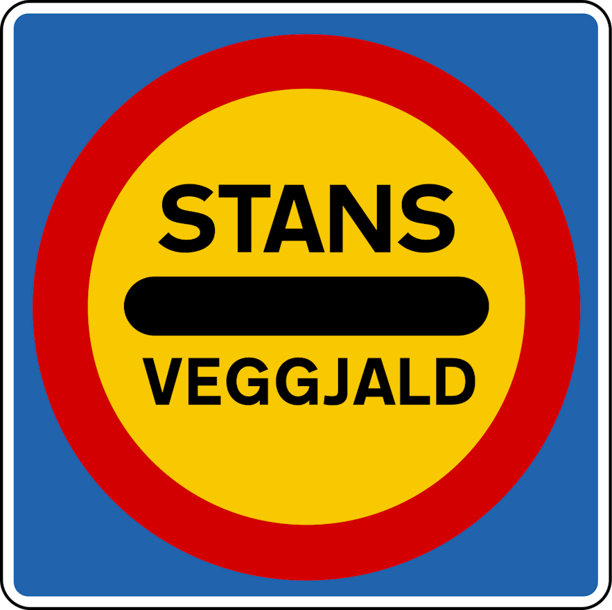 A yellow, red and blue sign in Iceland with black writing and the word "stans", informing drivers to stop.