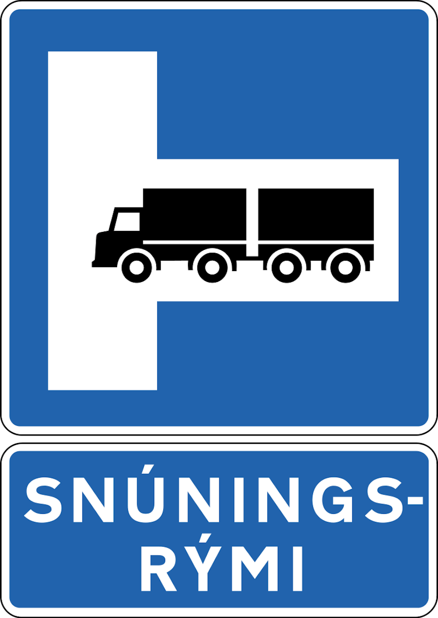 An Icelandic road sign showing a space for trucks to turn around on the right.