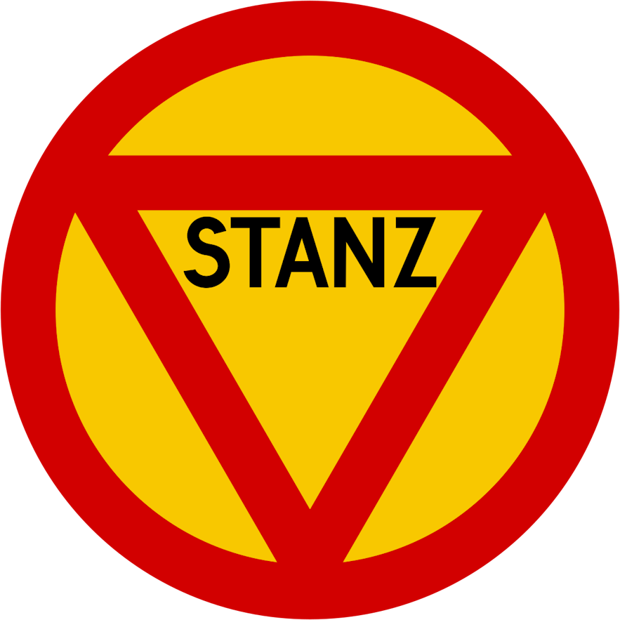 冰岛一个过时的停车让行标志，黄底、红边、三角形，中间有STANZ字样。