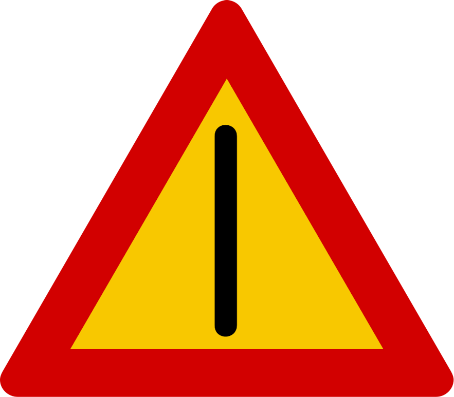 The outdated "be careful" road sign in Iceland is a yellow triangle with a red border and a black vertical line in the middle.