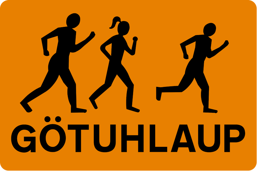 An orange rectangular Icelandic road sign with three people running means "street running".