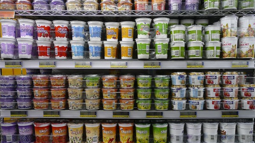 A supermarket refrigerator shelf full of yogurt and Icelandic skyr.