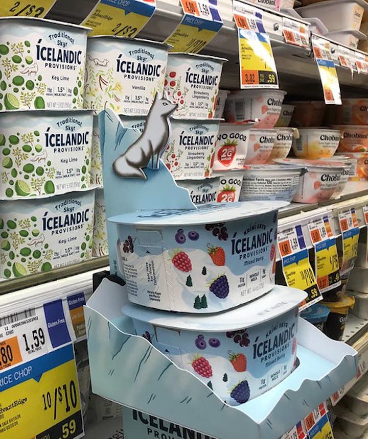 Tubs of Icelandic Provisions skyr in a grocery store.