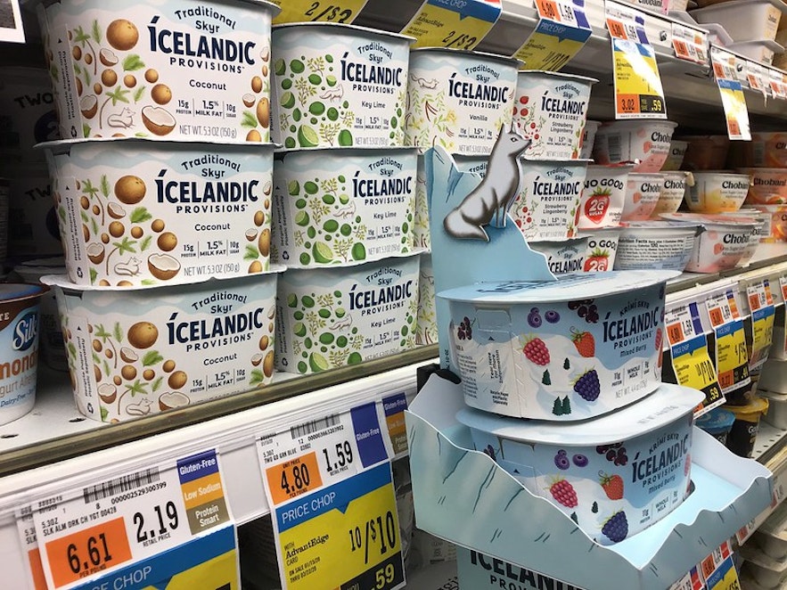 Tubs of Icelandic Provisions skyr in a grocery store.