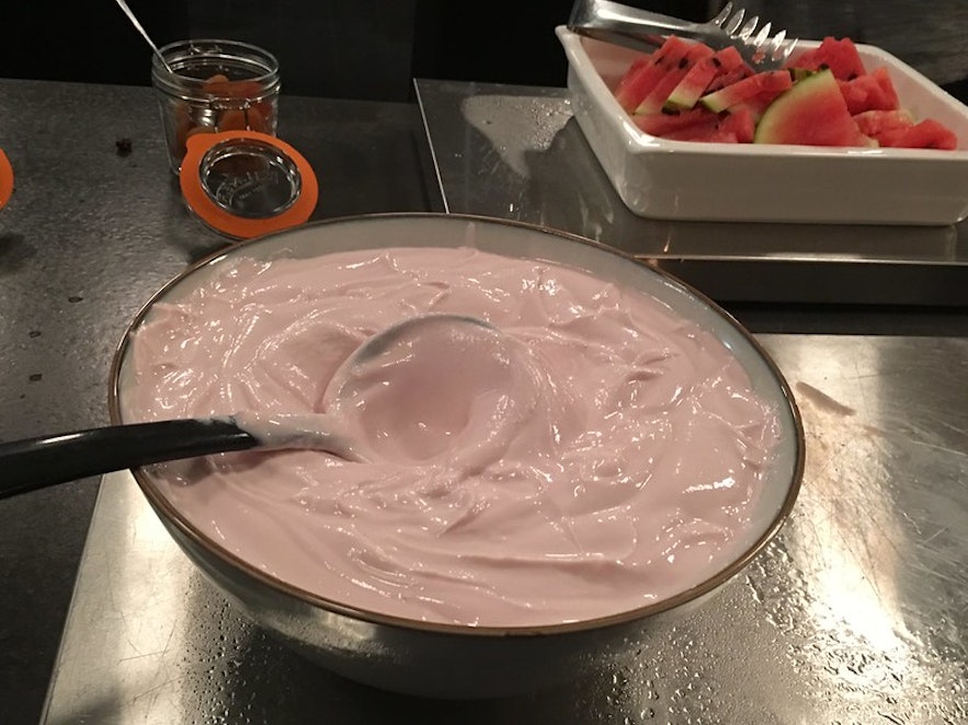 A large bowl of fruit-flavored skyr as part of a hotel breakfast in Iceland.