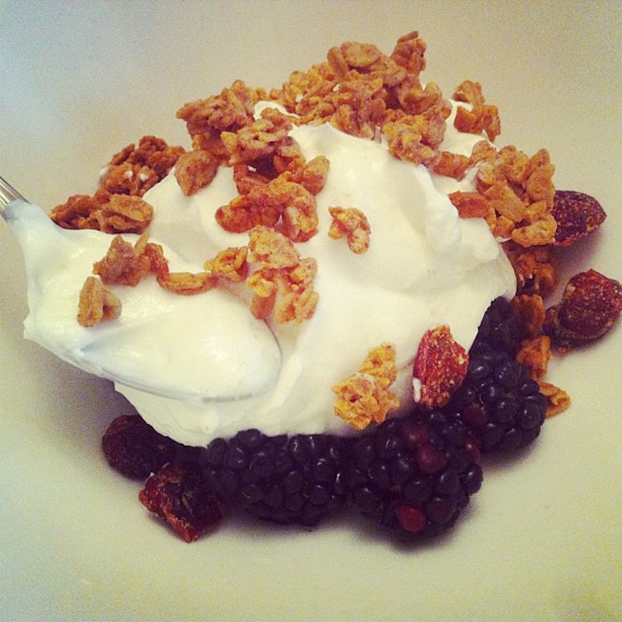 A large spoonful of skyr topped with granola and served with fresh and dried fruits.