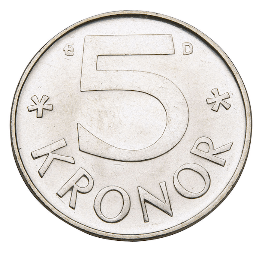 A five Swedish krona coin.