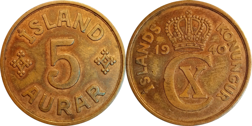 A five aurar coin.