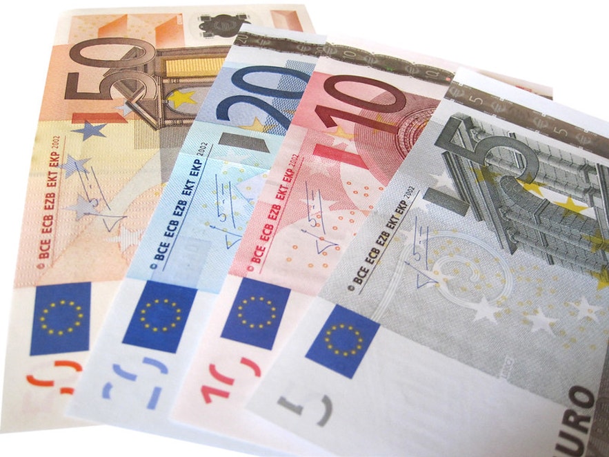 Euro banknotes in various denominations. 