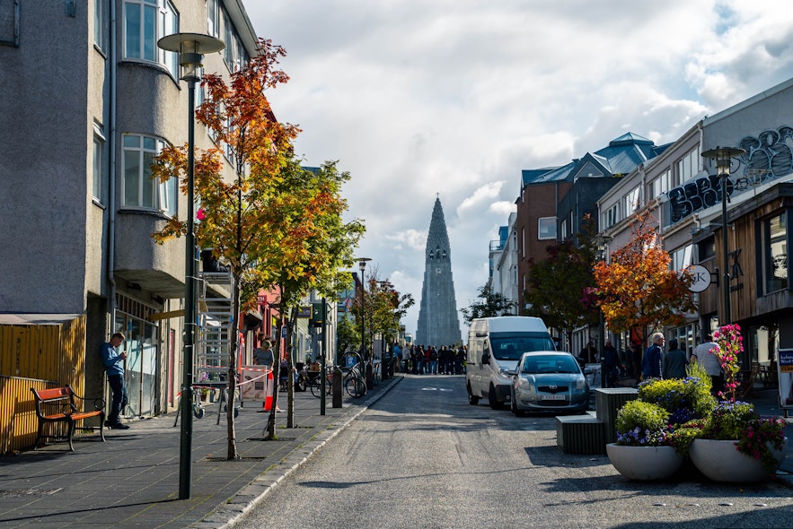 A scenic street in Reykjavik that leads to the iconic Hallgrimskirkja church.