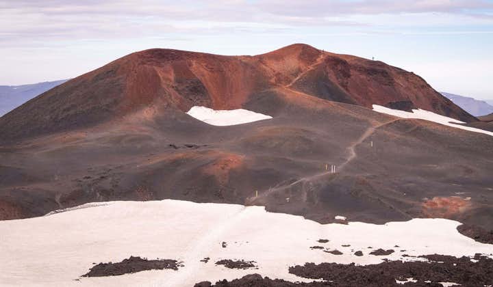 Red and brown hues of a volcanic landscape at the Thorsmork nature reserve in the Icelandic Highlands.
