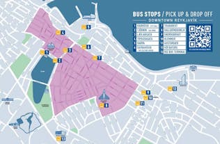 A map of Reykjavik city that shows the locations of the various designated pick up spots for the bus.