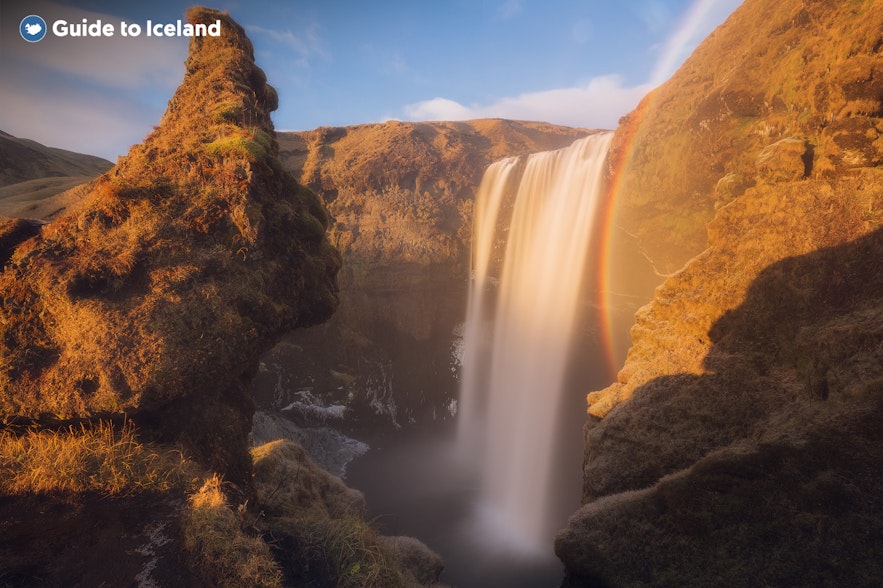 Skogafoss waterfall is 60 meters tall and has a powerful drop. 