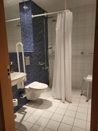 An accessible bathroom at Dala Hotel with a shower, stool, and grab rails next to the toilet.