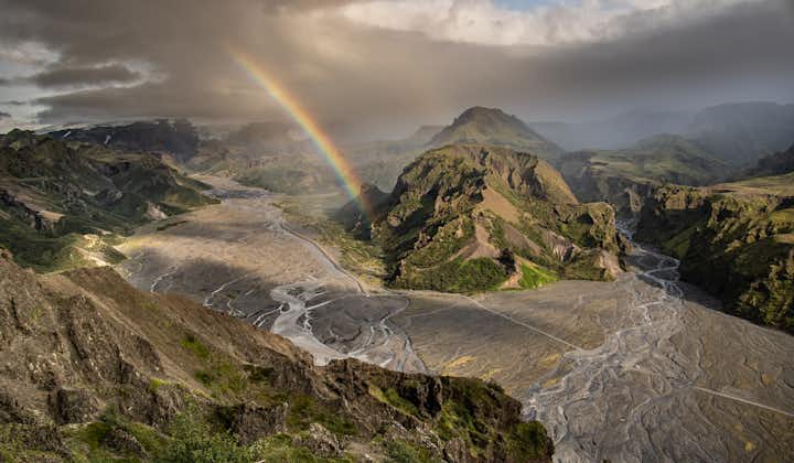 A rainbow adorns the striking landscape in the Thorsmork valley, making it even more picture-perfect.